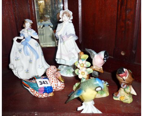 Royal Worcester figures - Sweet Forget-Me-Not and A Posy for Mother, together with a Beswick bird figurine and other birds