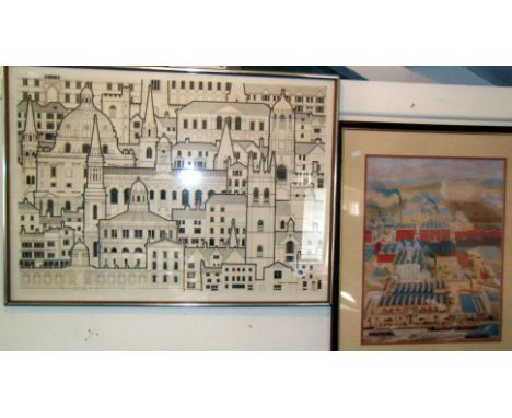Large Architectural monochrome litho after Anthony C. Stonebridge, and a coloured litho naive panoramic view of a town brewer
