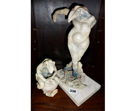Studio Pottery - Two grotesque ceramic figural sculptures of human form with bird-type heads, and frogs and lizards, by Ruth 