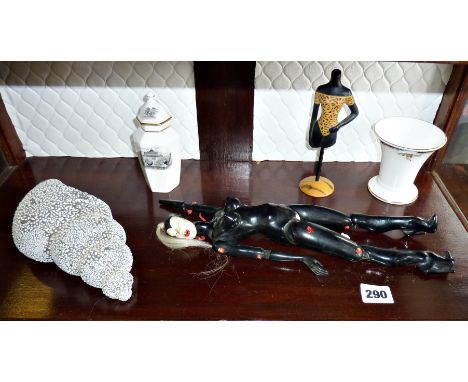 Studio Pottery - Biomorphic porcelain cocoon or shell, strange jointed china fetish doll (A/F) and other items including a Ro