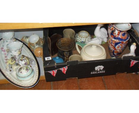 Shelf of ceramics including child's teaset, a Susie Cooper teapot (A/F) etc