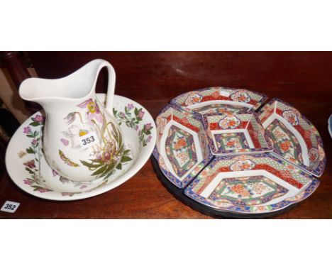 Portmeirion pottery jug & basin, and a Chinoiserie hors d'oeuvres dish & lazy susan