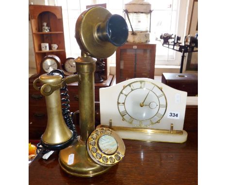 Vintage reproduction brass candlestick telephone, and an Art Deco onyx mantle clock