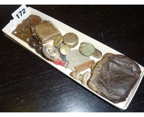 Assorted items including door hardware, Poole Speedway badge, coins, buttons, medallions and scrap silver