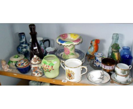 Shelf of china, some Art Deco, Bohemian glass decanter etc (one shelf)