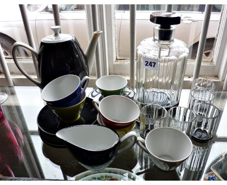 Art Deco faceted glass decanter with black glass stopper & six similar glasses, and a 1950s Continental coffee set (A/F)
