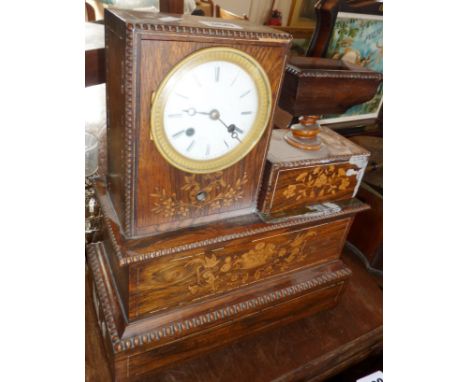 Unusual 19th c. French cigar lighter clock with marquetry panels & a match holder in urn on turned base