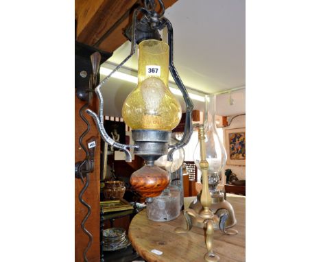 Victorian brass student lamp base, a Victorian wall-hung oil lamp with reflector, another similar lamp, and a hall ceiling li