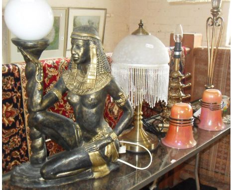 1920s Tiffany-style beaded lamp, an Egyptian-style lamp, iridescent glass light shades, and other lamps etc