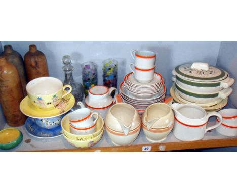Grindley "Green-Gables" pattern tureens, and early Habitat dinner/teaset with orange stripe pattern and other kitchenware (on