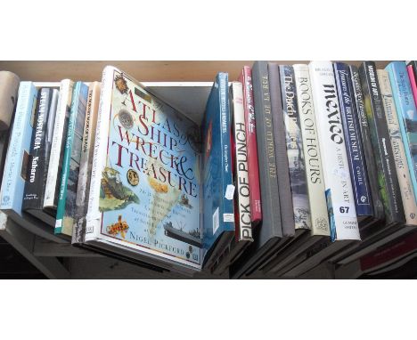 Shelf of books including "The Atlas of Shipwreck & Treasures", "The World De La Rue" and Railway books etc