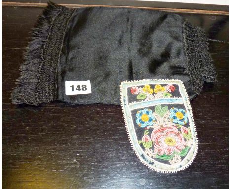 Victorian beadwork hair tidy pocket, and a black silk drawstring evening bag