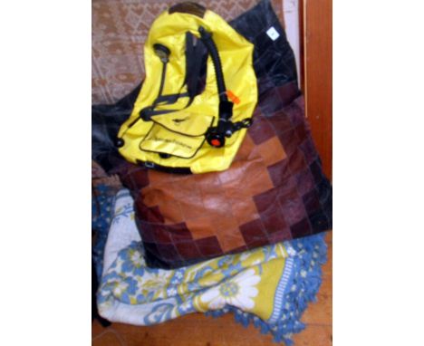 Large leather patchwork floor cushion, a lifejacket and two Welsh wool blankets