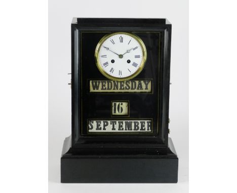 A late 19th century ebonised calendar clock, the movement month going, the 4½ white enamel dial with ring of Roman numerals o