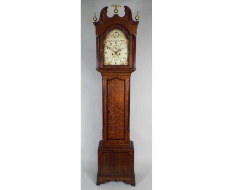 A George III oak eight day longcase clock, the painted arched dial later signed 'Jn Summerhayes, Hayle. 1763', with centre su