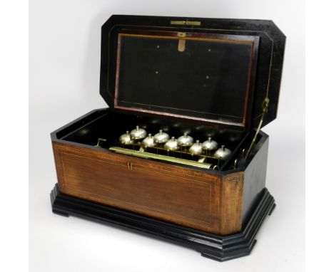 A 19th century Swiss bells in view music box by Ducommun-Girod, circa 1870, the 11 inch cylinder with single comb striking on