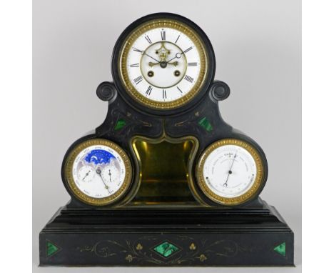 A 19th century French multi dial black slate (Belgium Calcite) and malachite inlaid mantel clock, with perpetual calendar and