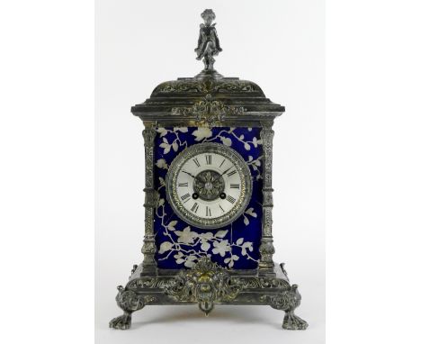 A late 19th century plated and gilt metal Aesthetic mantel clock, the 3½ silvered dial with ring of Roman numerals, the pagod