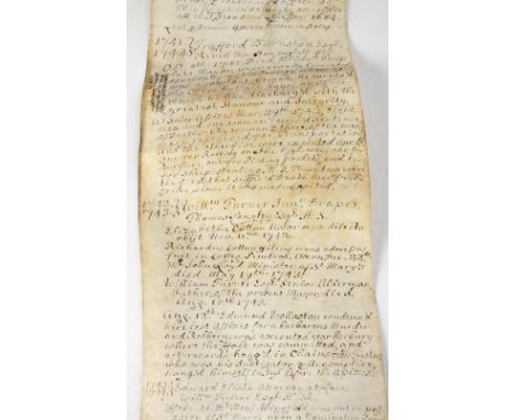 A manuscript Chronicle of local and national events wiritten in a neat hand on three parchment scrolls by Rev John Cotton (16