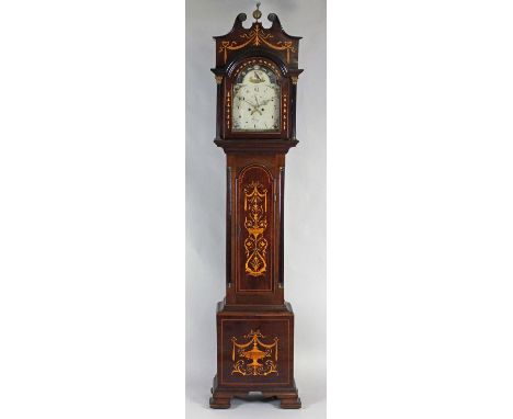 A mahogany and marquetry eight day longcase clock, the associated 11½ inch painted arch dial signed 'Mason', with centred sub