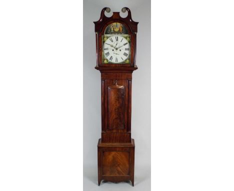 A William IV mahogany eight day longcase clock, the arched painted dial signed 'W Rutherford, Sedburgh', with centred subsidi