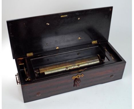 A mid 19th century mandolin rosewood, faux rosewood and marquetry music box, the movement with 13 inch cylinder and single pi