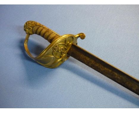 Victorian Naval Officers sword with unusual 30 inch semi curved blade with two third pipe back section and double edged spear