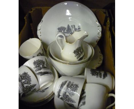 Six place cream &amp; gilt tea service comprising of cups, saucers, side plates, sandwich plates, milk jug and bowls, with tr
