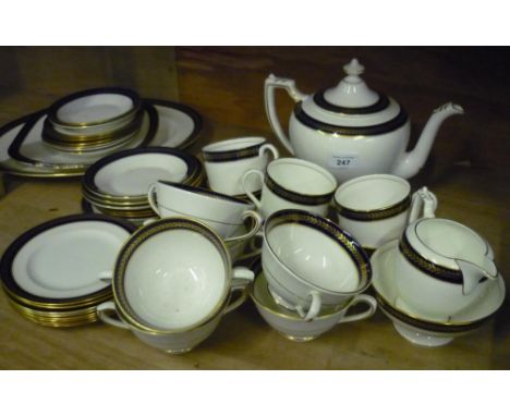 Six place Coalport blue wheat pattern part tea/coffee service, comprising of tea pot, six coffee cans, saucers, side plates, 