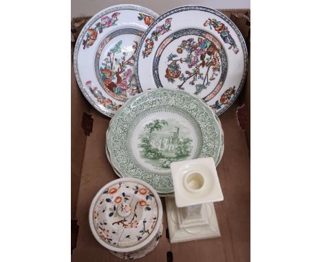Leeds Pottery Creamware candlestick and various other 19th C and later ceramics in one box 