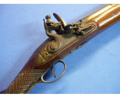 Early 19th C flintlock brass barrelled Blunderbuss with 16 inch staged cannon brass barrel with various bandings and first st