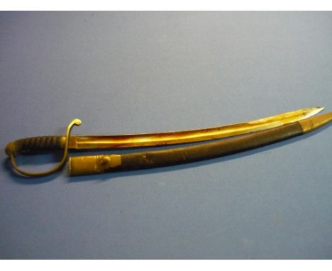 British hanger type sword with 24 inch curved single fullered blade with double edged point engraved R. S. Garden 29 Piccadil