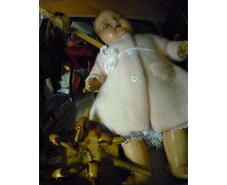 Circa 1950s doll, two slingshots, a Pelham puppet etc 
