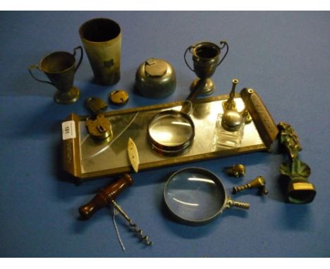 Collection of various items including twin handled mirrored tray, a 19th C Scottish cows horn beaker, a silver hallmarked twi