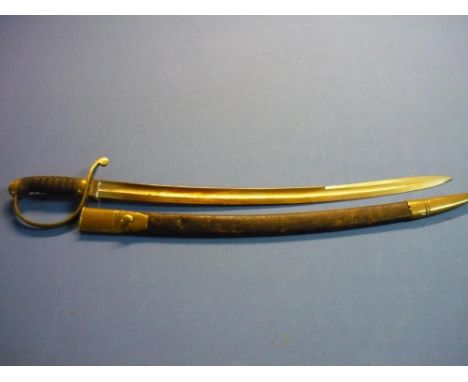 British hanger type sword with 24 inch curved single fullered blade with double edged point engraved R. S. Garden 29 Piccadil