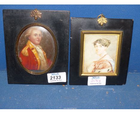 A small framed Oil on thin brass portrait of a gentleman, along with a framed miniature portrait, possibly on glass of a youn