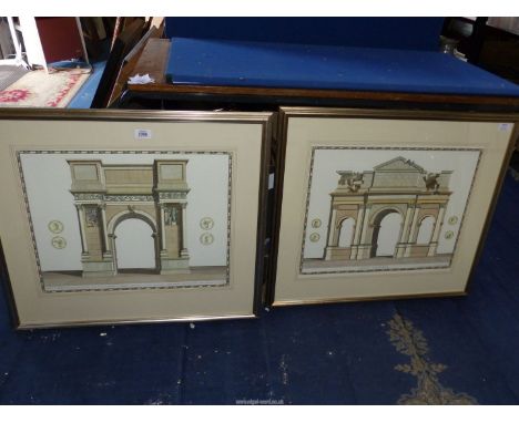 A pair of impressive detailed architectural multi-coloured drawings of Roman triumphal arches of Portugalia and Galliori feat