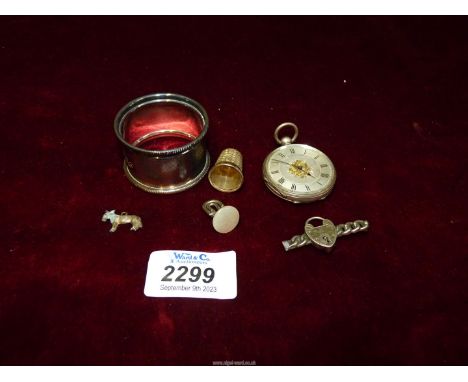 A ladies Coates & Son pocket watch, Birmingham silver napkin ring, silver heart locket brooch a/f. and a metal thimble.