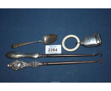 Two silver handled button hooks, silver teaspoon and a child's teething ring with white metal ball attached (possibly silver 