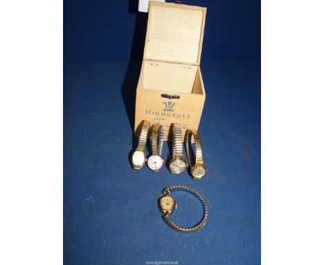Five ladies wristwatches including Rotary, Mondia, Avia etc., all on expanding bracelets.