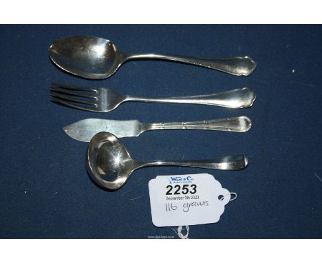 A silver butter knife, sauce ladle, dessert spoon and fork, all with hallmarks for Sheffield, various dates and makers, weigh