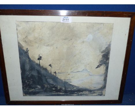 A 19th century Oil on paper sketch of a rugged terrain under stormy sky, castle beyond.