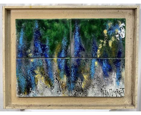 Rita Moiret (1912-1994) enamel composition, abstract, signed, comprised of 4 panels on board, inscribed composition in acryli