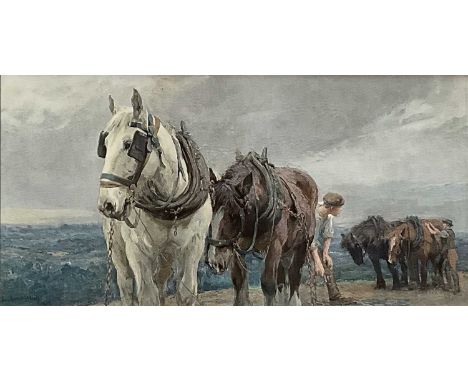 Lucy Kemp-Welch print - heavy horses 1913, 32cm x 64cm in glazed frame