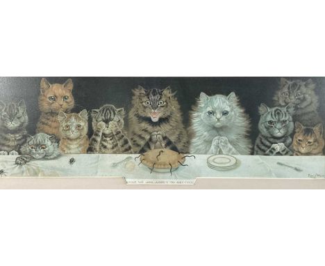 Louis Wain coloured print - What We Are About To Receive, in glazed oak frame, 47cm x 77cm overall size