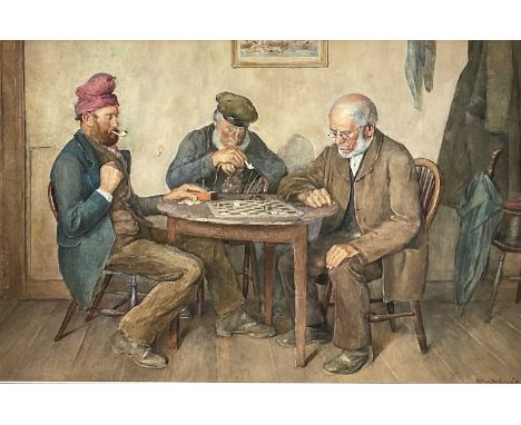 William Wright - 19th century watercolour in glazed frame - interior scene with three gentlemen playing draughts, 35.5cm x 52