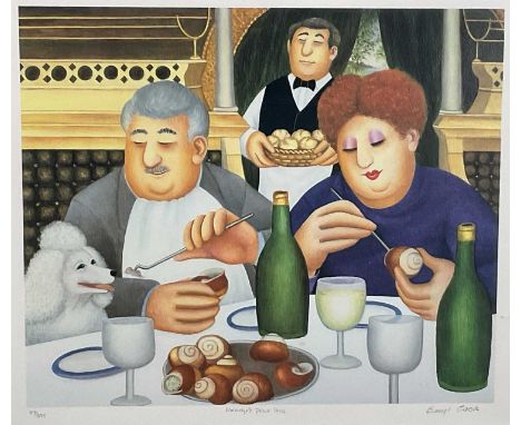 Beryl Cook (1926-2008) print - ‘Escargot pour Trois’, signed and numbered 84/395, 43cm x 51cm, glazed frame
 
Provenance: Por