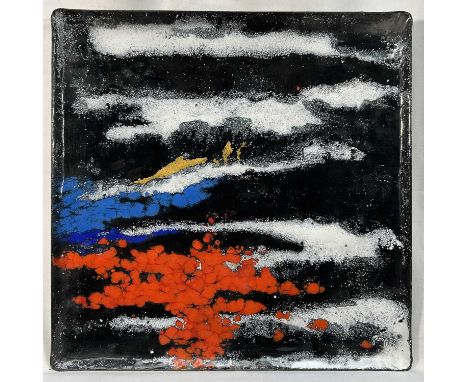 Rita Moiret (1912-1994) enamel composition, abstract, in tray form, signed verso, 30cm x 30cm