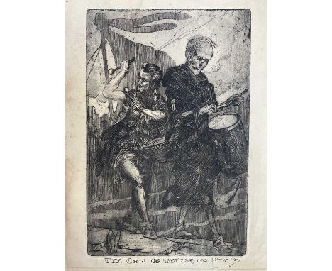 P. Mendoza, early 20th Century etching - The Call of the Drums, signed, titled and dated 1920, 30cm x 20cm, unframed