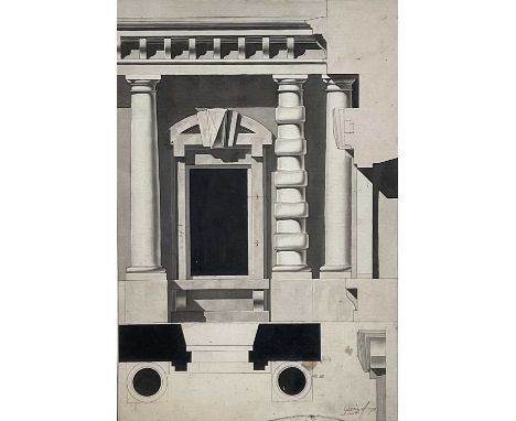 18th century pen and ink architectural study, 40cm x 27cm, signed Gavoir and dated 1718, in glazed frame.